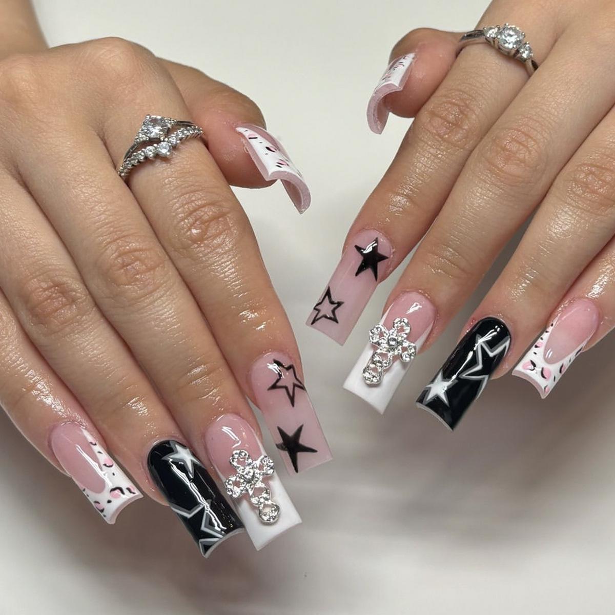 

Leopard Print Coffin French Tip with Star Cross Decor False Nail Patches