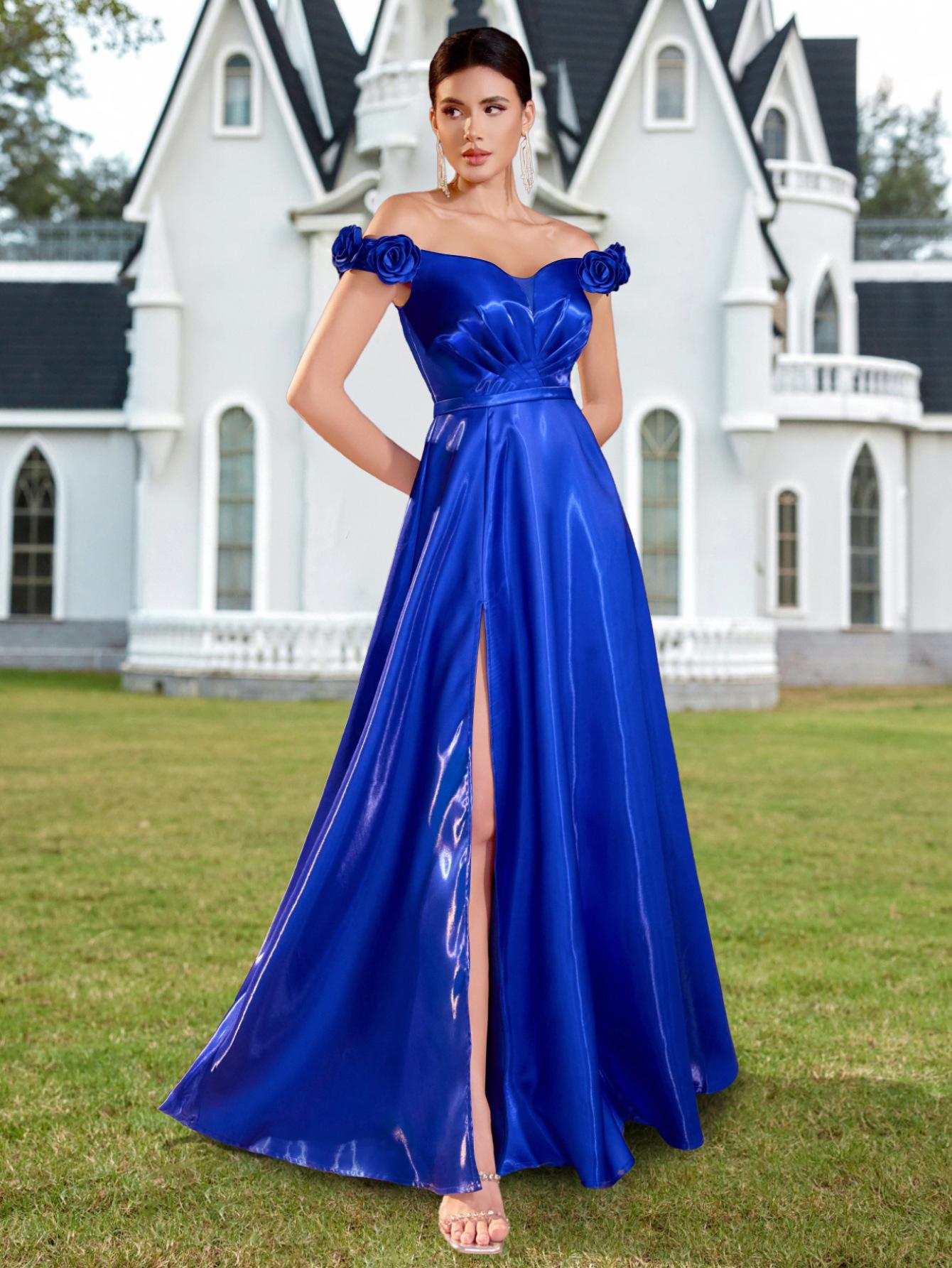 Amazon s new temperament tube top glossy dress, light luxury party celebrity party elegant evening dress XS синий
