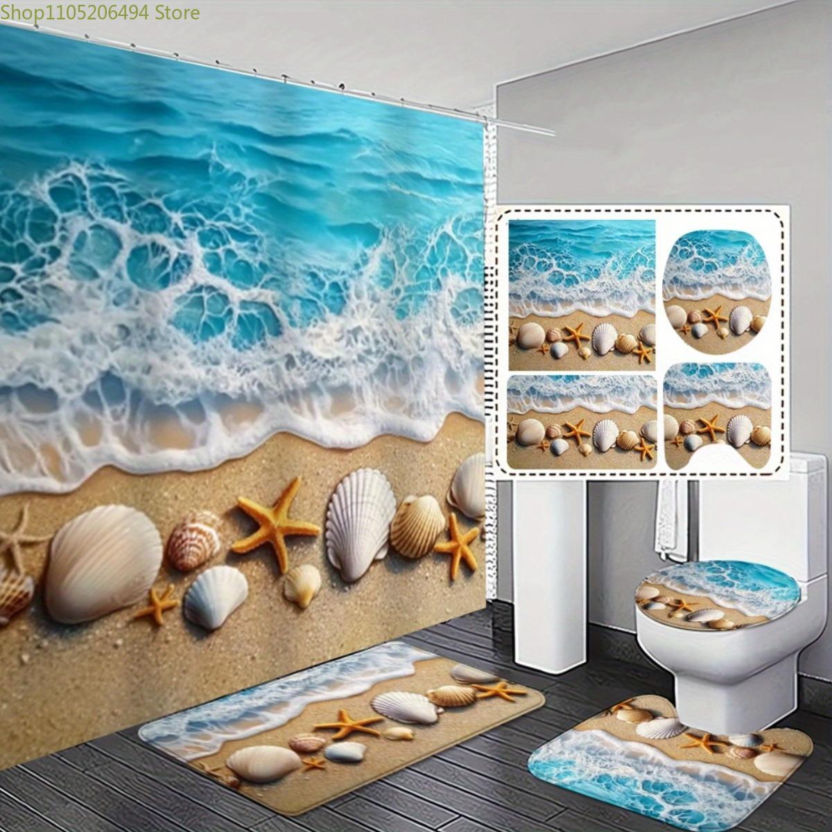 

1/3/4pcs Beach-Themed Shower Curtain and Non-Slip Set - Ocean Wave Design with Seashells & Starfish, Polyester, Machine Washab 4pcs-Set