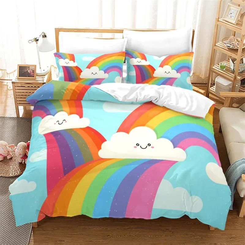 Cartoon Rainbow Duvet Cover Twin Queen King Cute Clouds Bedding Set for Kids Girls Kawaii Room Decor Starry Sky Comforter Cover