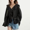 Women Shirt Loose Casual Ruffled Edges Female Blouses V Neck Lace Up Mid Length Woman Shirts Spring Summer