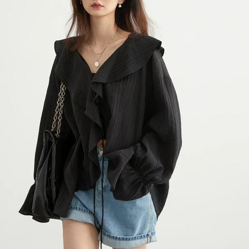 Women Shirt Loose Casual Ruffled Edges Female Blouses V Neck Lace Up Mid Length Woman Shirts Spring Summer