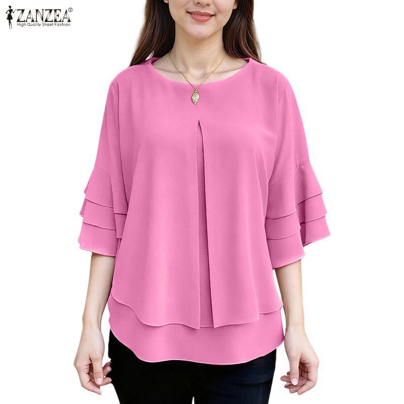 ZANZEA Women Casual Round Neck Solid Color Loose 3/4 Sleeve Blouse