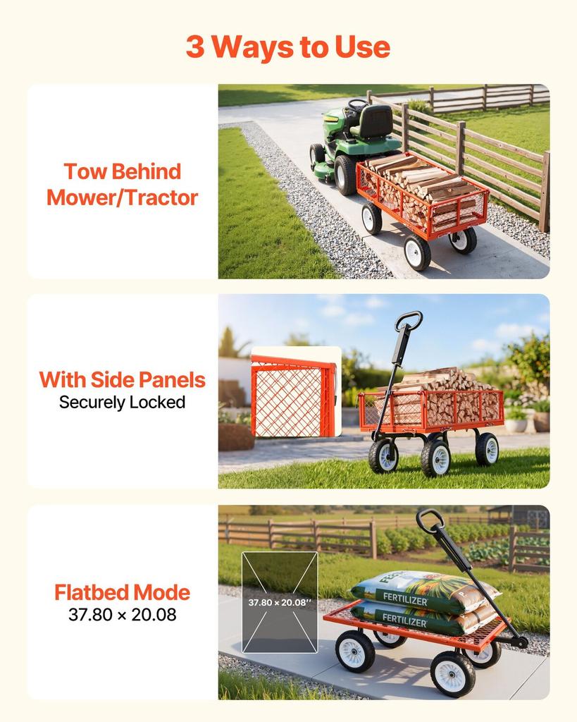 Carro de Jardín, 408,2 kg, Carro Utilitario de Acero de Alta Resistencia para Patio y Jardín con Ruedas de 10 Pulgadas, Taburete de Jardinería para Exteriores con Asa Ajustable, Desmontable