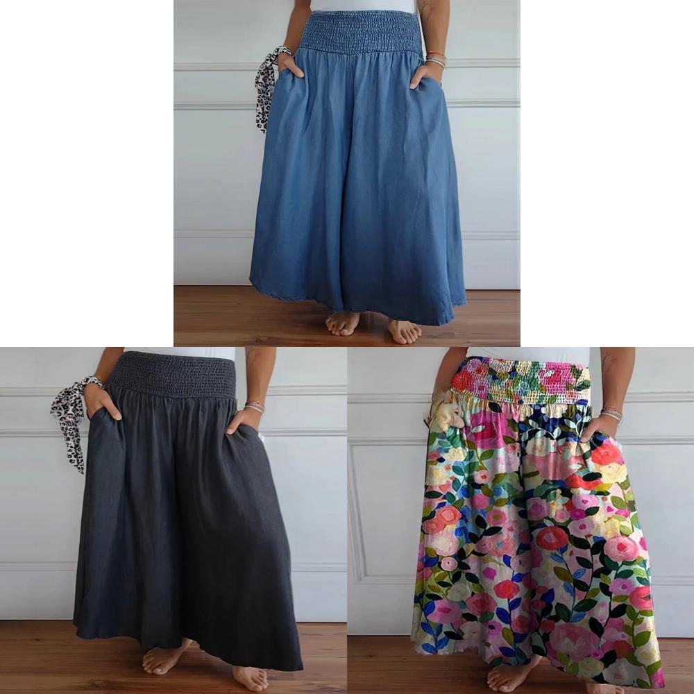 Women Casual Wide Leg Pants With Elastic Waist Polyester Fabric For Summer Comfort