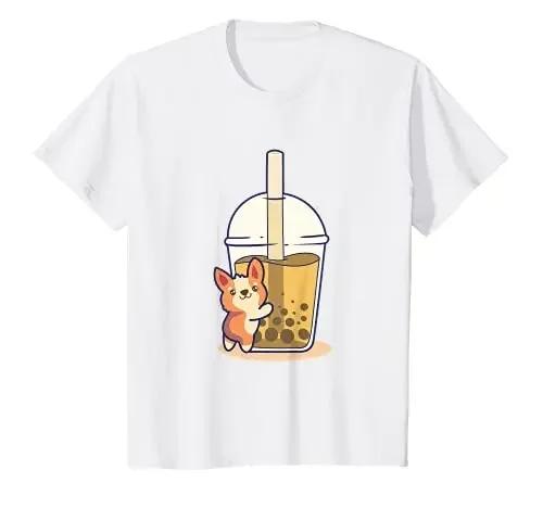 

Футболка с изображением милого корги-любителя Bubble Tea Bobas Kawaii Corgi, одежда в стиле аниме, рубашки из хлопка, повседневные, с изображением милых животных на четыре сезона S