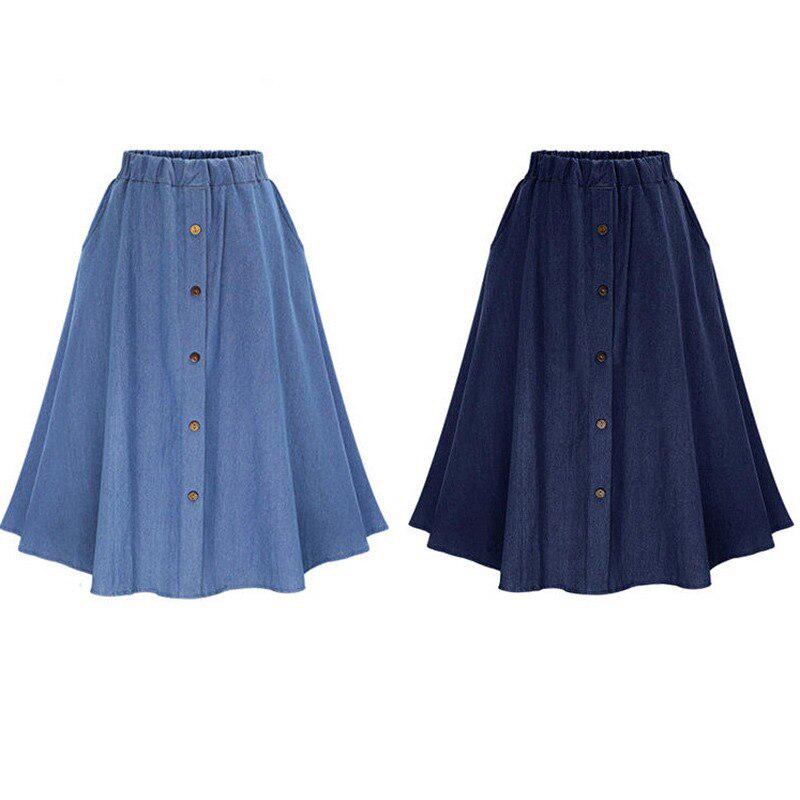 Women's A-Line High Waist Button Pleated Midi Skirt With Elastic Waist Knee Length