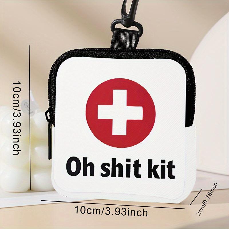 Red Cross & "Oh Shit Kit" Print Coin Purse with Safety Buckle & Zipper Pocket - Multifunctional Storage Bag for Coins, Keys, Cards - Compact Organizer