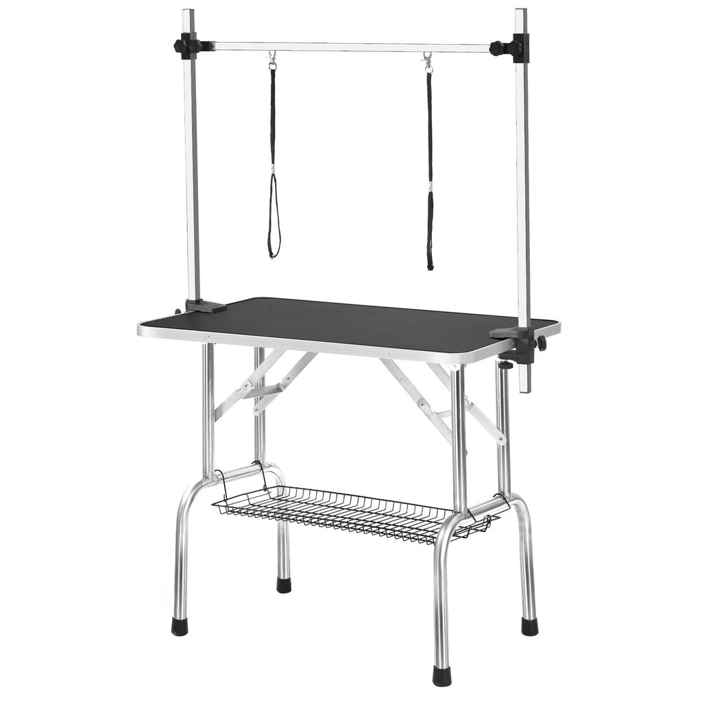 Professional Folding Pet Grooming Table, Equipped with Portable Support Arm, Leash and Mesh Shelf, Black, 90*60*76cm, Maximum Load Capacity 60kg