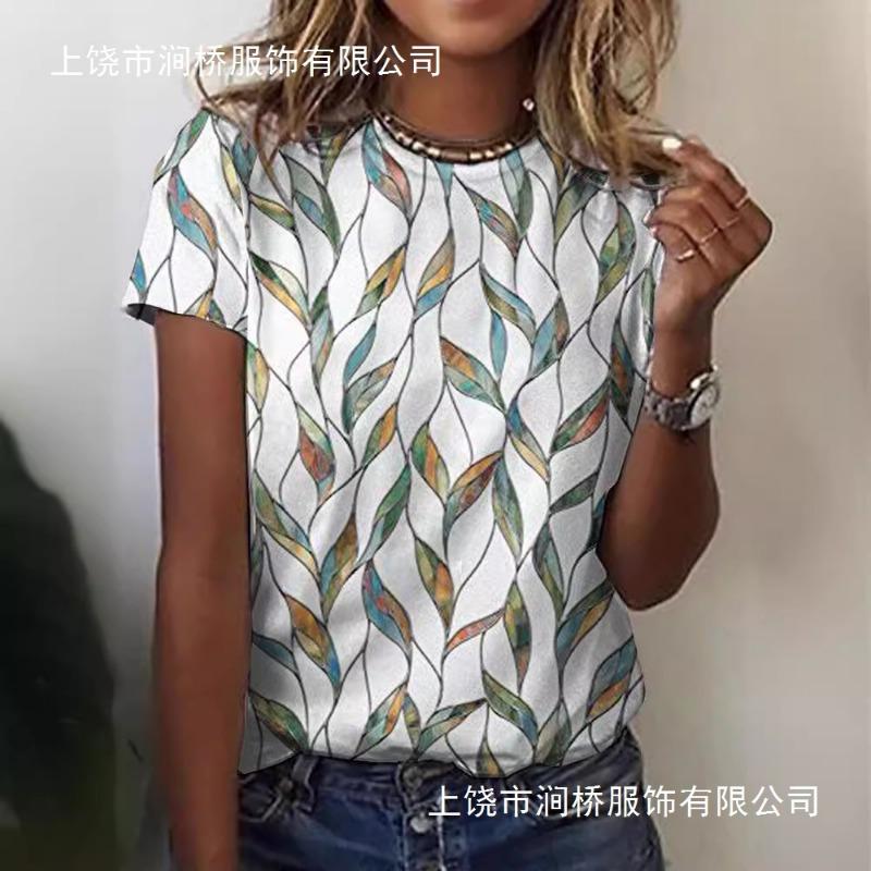 

Women s Abstract Leaf Print T-Shirt Crew Neck Short Sleeve Loose Fit Casual Summer Top S