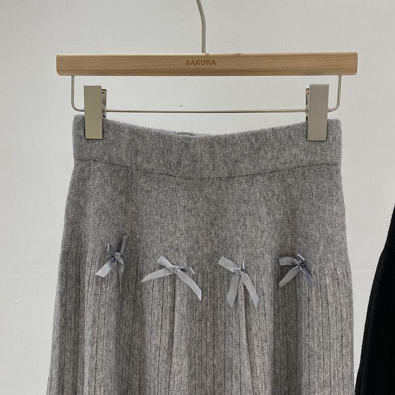 Korean Fashion High-Waisted Slimming Pleated Knit Skirt with Bow Detail