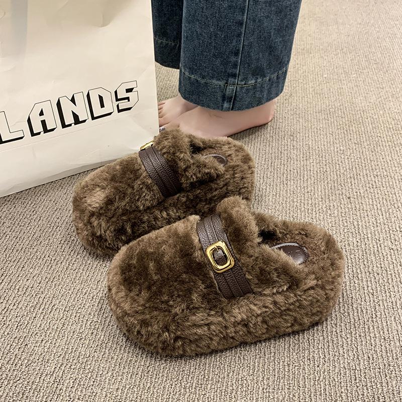 Thick Bottom Inner Height Increase, Small Fluffy Slippers for Women To Wear Outside Autumn and Winter New Models, Velvet One-pedal Cotton Mop