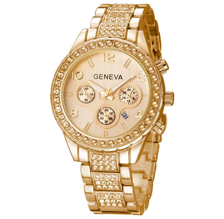 Geneva Diamond-Studded Steel Band Women's Fashion Watch - Elegant Three-Eye Design