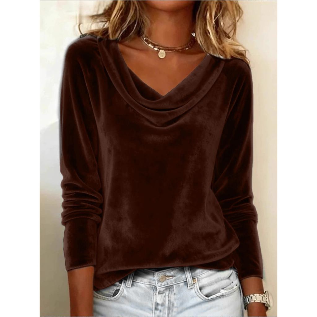 Women's Solid Color Velvet Long Sleeve T-shirt, Sexy Cowl Neck Casual Top