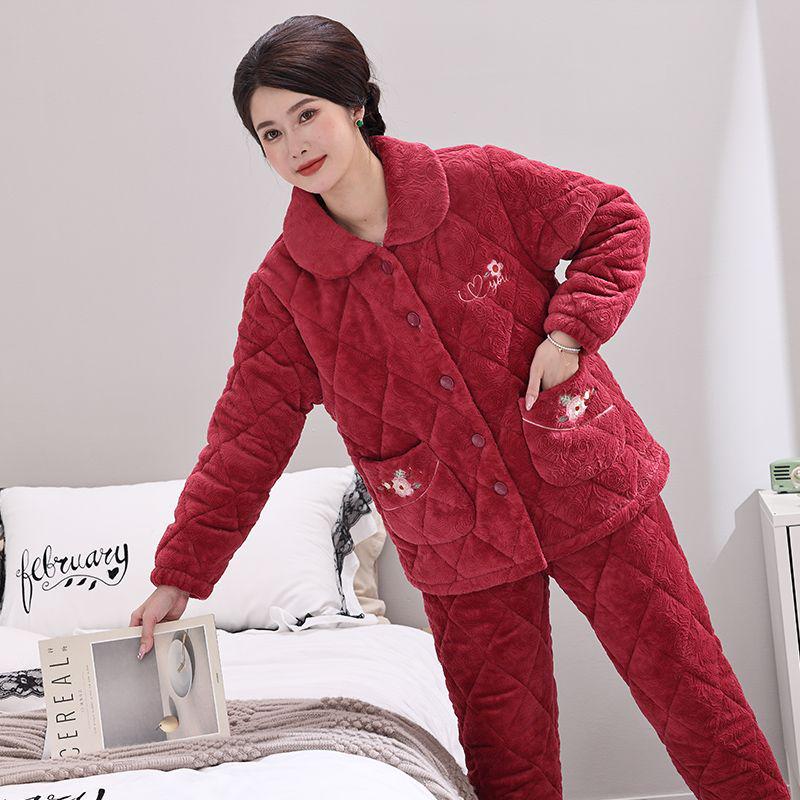 Damen Winter Korallfleece Gesteppter Pyjama - Dickes Flanell Warmes Hausanzug-Set für Mittelalte und Ältere Mütter