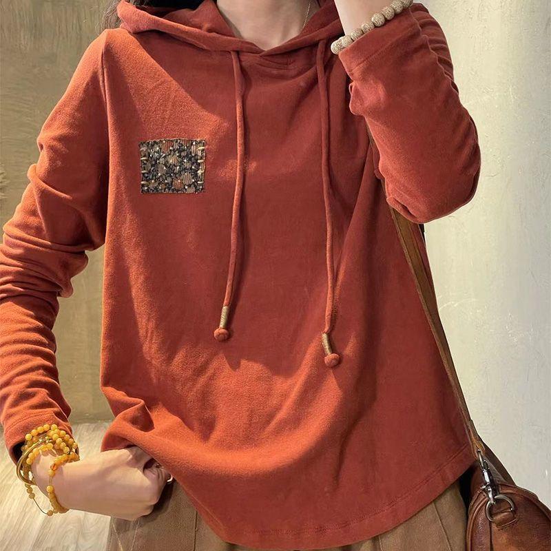 Vintage Floral Print Patch Long Sleeve Hooded Sweatshirts Women Spring Autumn Casual Loose Comfortable Pullover Hoodies Clothing