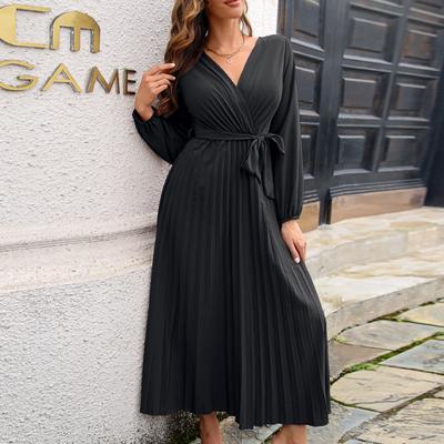 Women's Casual Fashion Temperament Cross V-Neck Large Swing Pleated Long Sleeve Dress