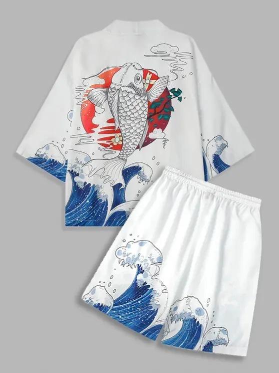 2026 New national style Hawaiian vacation ukiyo-e painted seven-quarter-sleeved Taoist robe 3D printed carp kimono cape