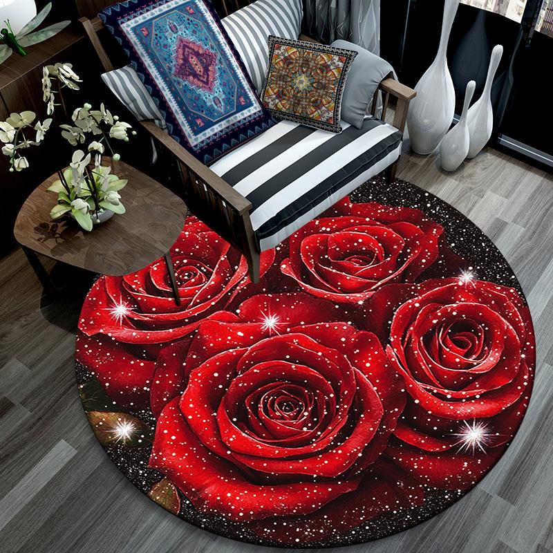 Red Roses Round Area Rug,Carpet Rug for Living Room Bedroom Sofa Playroom Decor,Non-slip Floor Mat