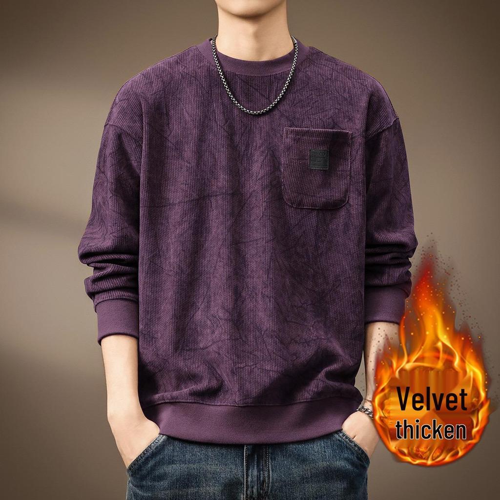 Men's Heavyweight Wool Hoodie - Spring/Autumn Round Neck, Loose Long Sleeve T-shirt, Printed Casual Base Layer