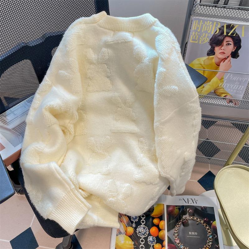 Plush Rabbit Women's Sweater Long Sleeved Round Neck Knitted Solid Color Pullover Autumn Loose Casual Korean Woman Top