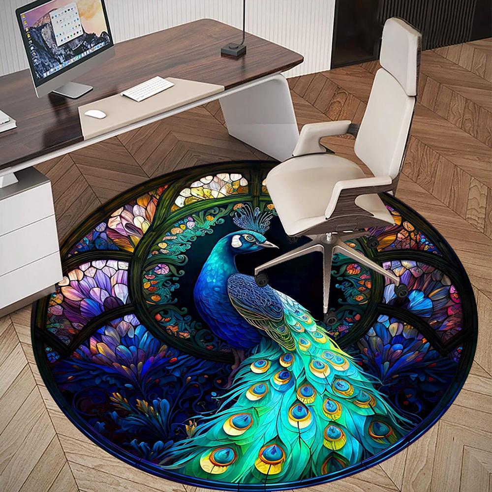 1pc Peacock StainedGlass Round Chair mat office Area Rug - Non-Slip, Floor Mat for Office, Bedroom, Ideal home decor gift c0112068