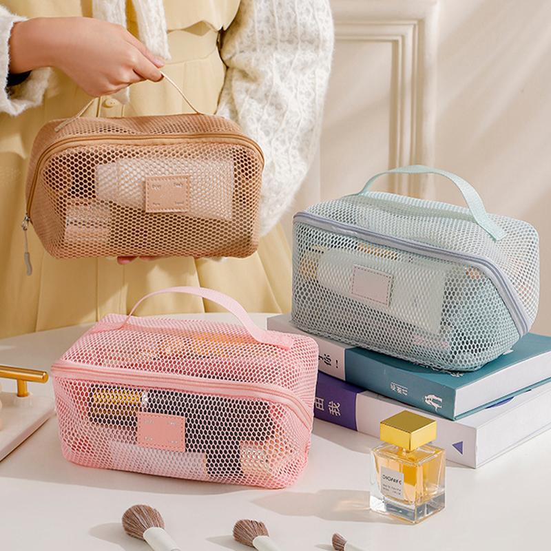 Women's Portable Storage Toiletry Organizer Bag Mesh Transparent Makeup Bag Large Capacity Tote Multifunctional Makeup Case