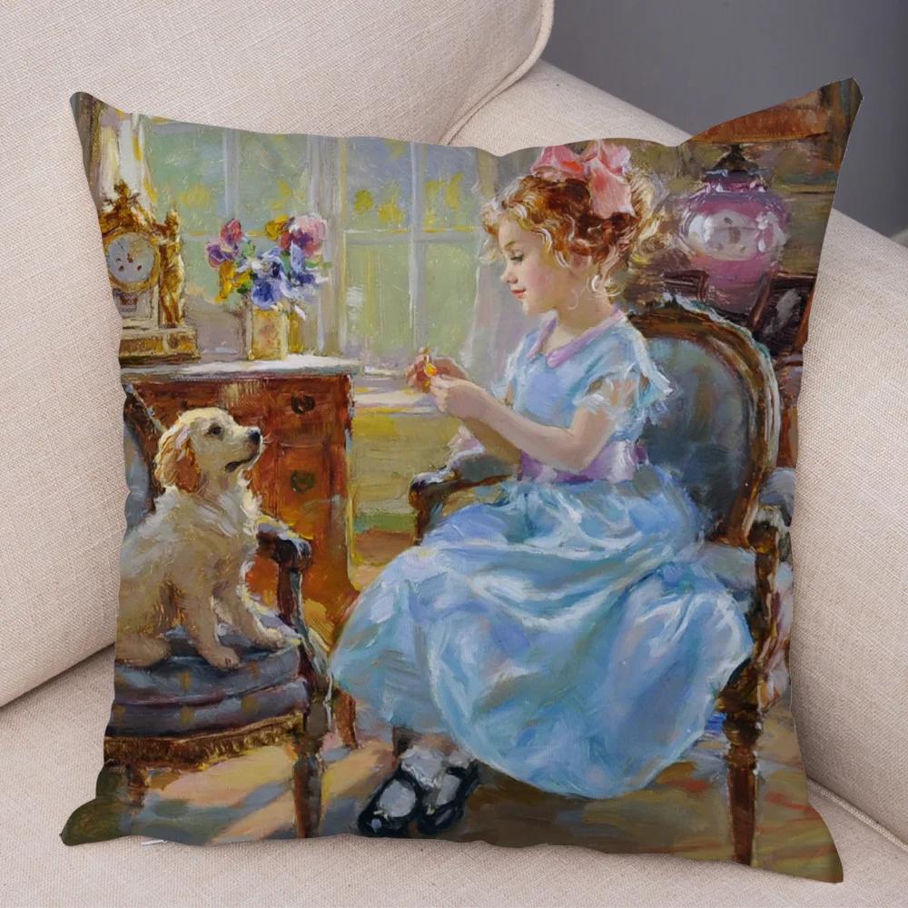 Cute Cartoon Children Cushion Cover Decor Harajuku Oil Painting Lady Pillowcase for Sofa Home Soft Plush Throw Pillow Case