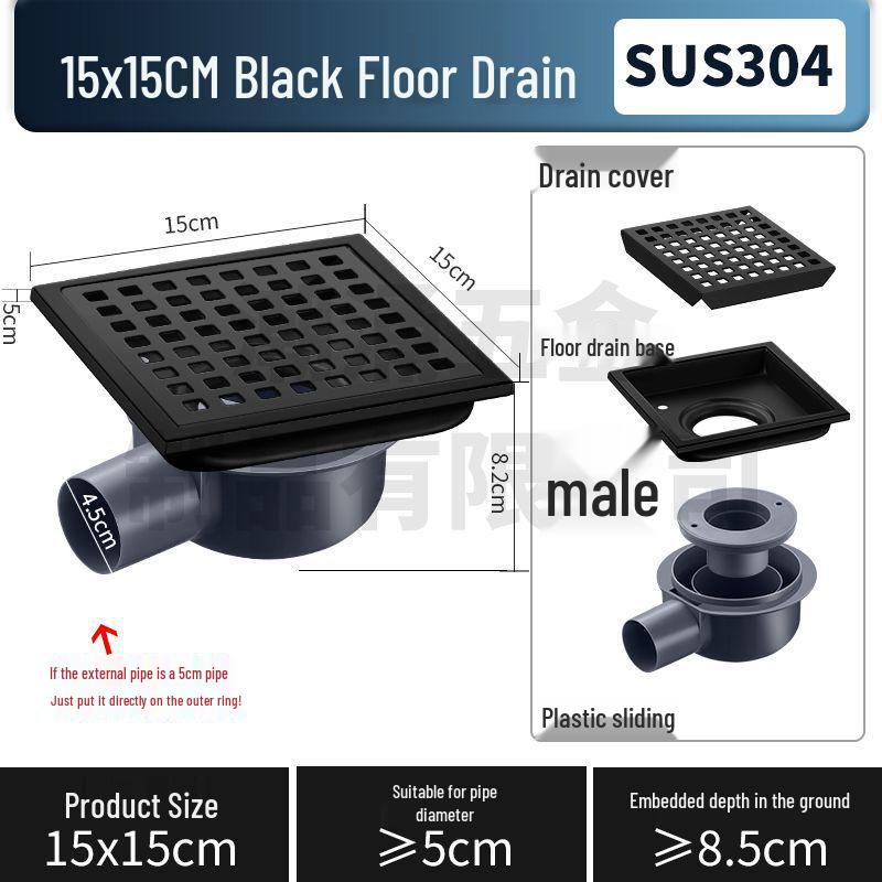 304 Stainless Steel European-Style Large Capacity Square Floor Drain with Sliding Side Drain.