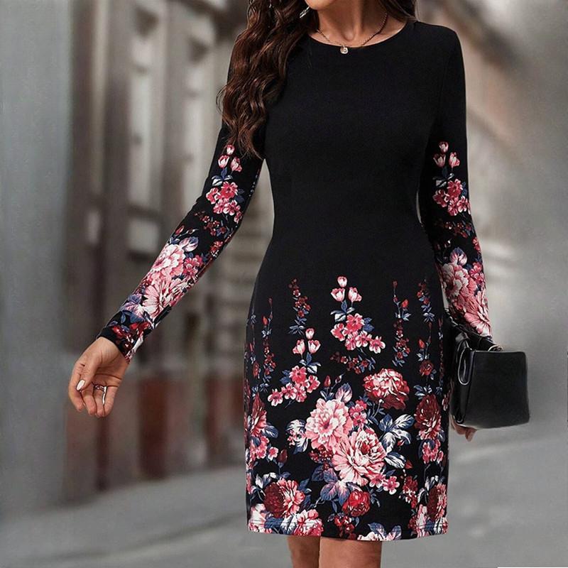 GMXIA Autumn Women's O-Neck Long Sleeve Printed Slim Temperament Dresses