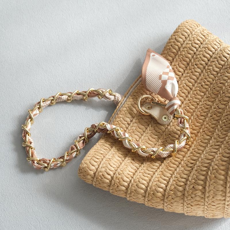 New Fashion Brand Woman Handbag Accessory Chains Detachable Floral Print Gold Silver Metal Silk Shoulder Strap Women DIY Chain Bag Handles