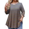 Ladies Stripe Print Plus Size 3/4 Sleeve Rounded Hem Round Neck Fashion Top