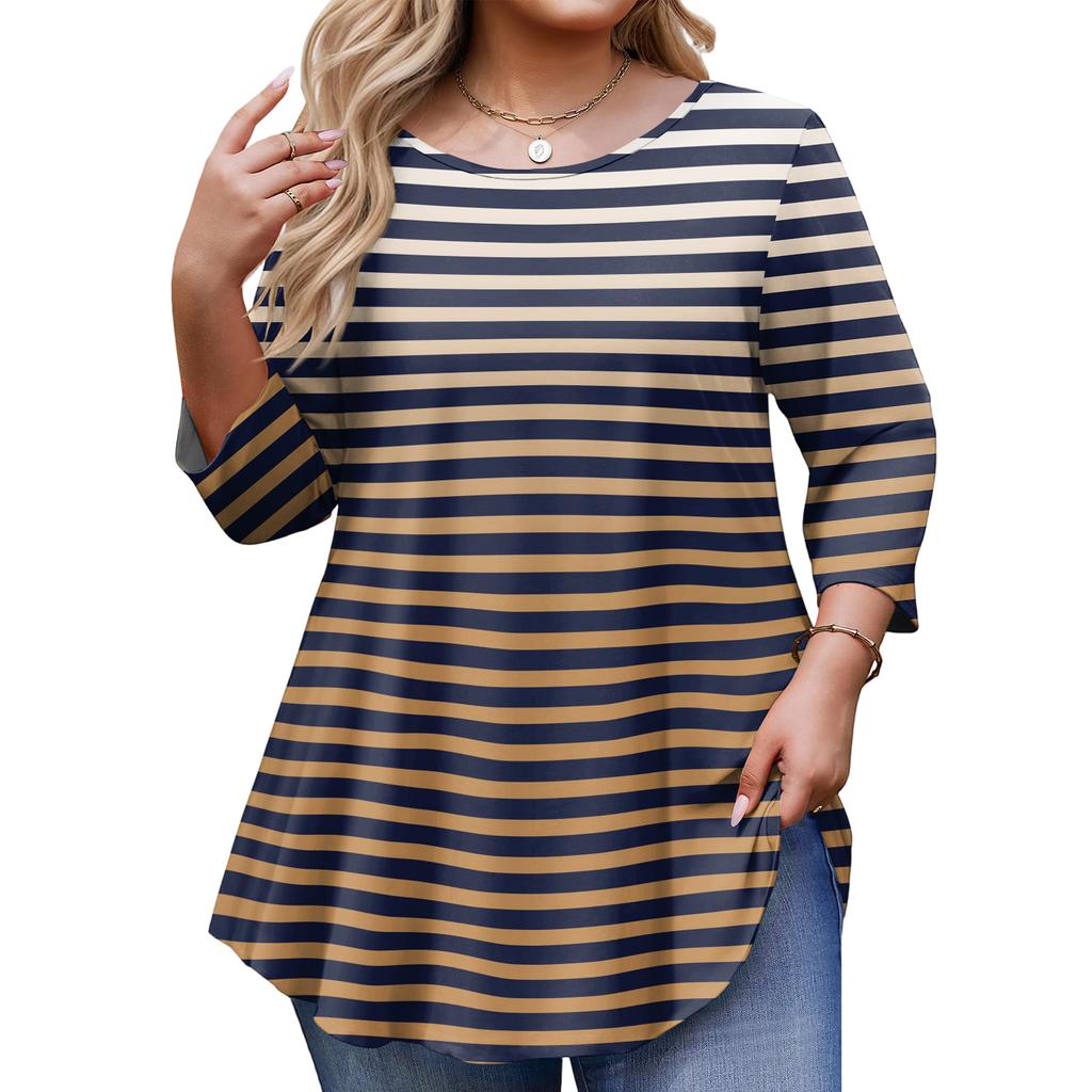 Ladies Stripe Print Plus Size 3/4 Sleeve Rounded Hem Round Neck Fashion Top