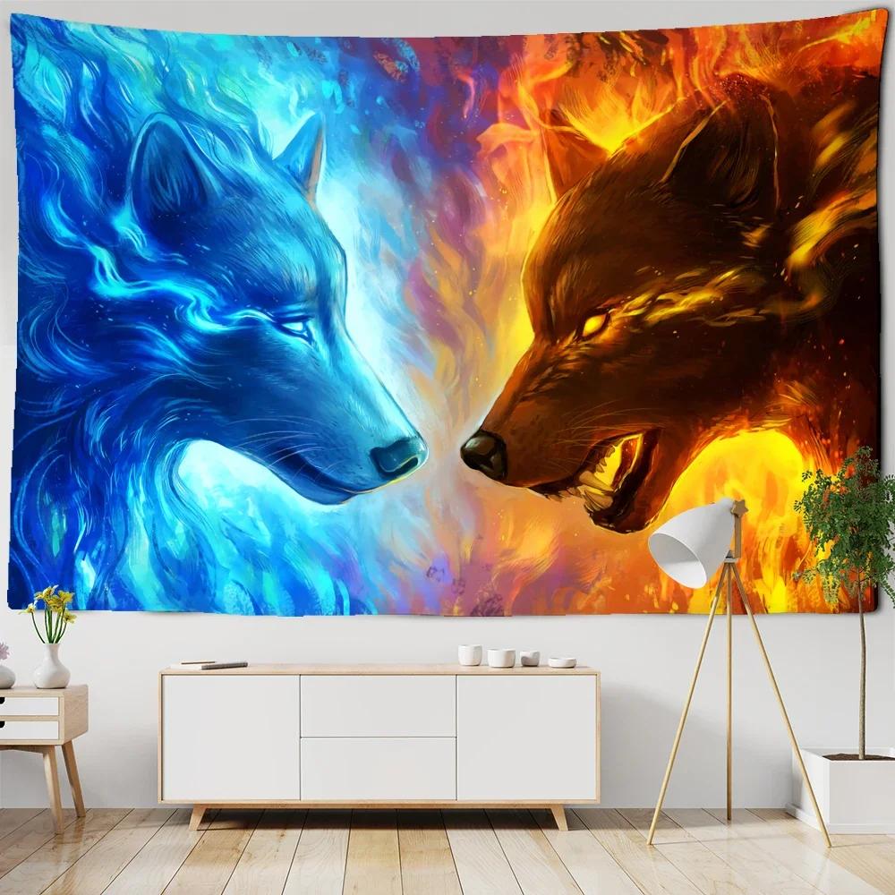 Embroidery Wolf Lion Tapestry Wall Hanging Colorful Simple Bohemian Psychedelic Art Background Cloth Home Decor