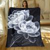 Black background white peony floral design flannel blanket elegant modern bedroom decor luxury flower pattern throw blanket gift
