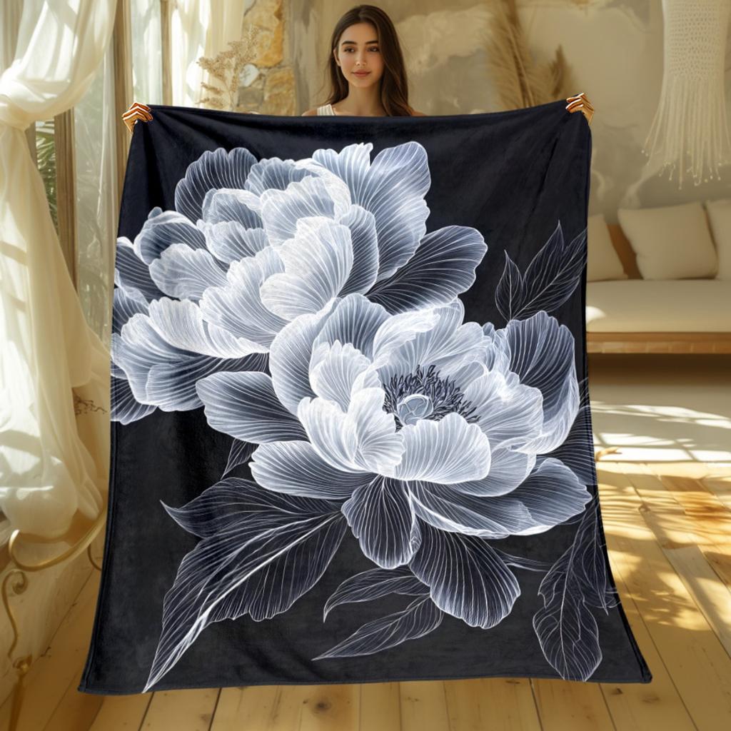 Black background white peony floral design flannel blanket elegant modern bedroom decor luxury flower pattern throw blanket gift