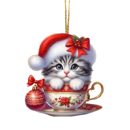 Acrylic Teacup Cat Hanging Ornaments Cute Cartoon Cat Christmas Ornament 2D Flat Car Mirror Charm for Christmas Tree Decoration KTY