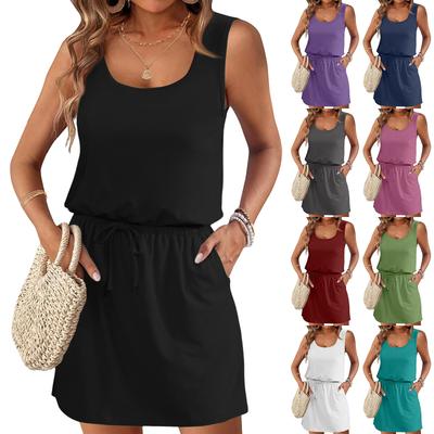 Women's Summer Round Neck Sleeveless Drawstring With Pockets Solid Color Casual Dresses