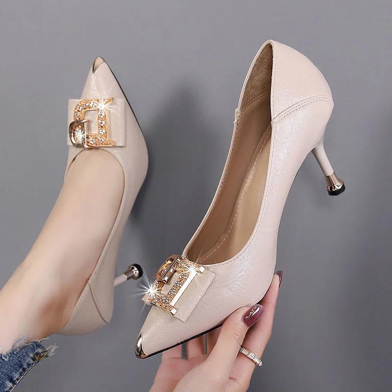 N Zapatos Women Fashion Pointed Toe Light Weight Hotel Work Stiletto Heel Shoes Lady Cute Sweet Beige Office Pumps A21