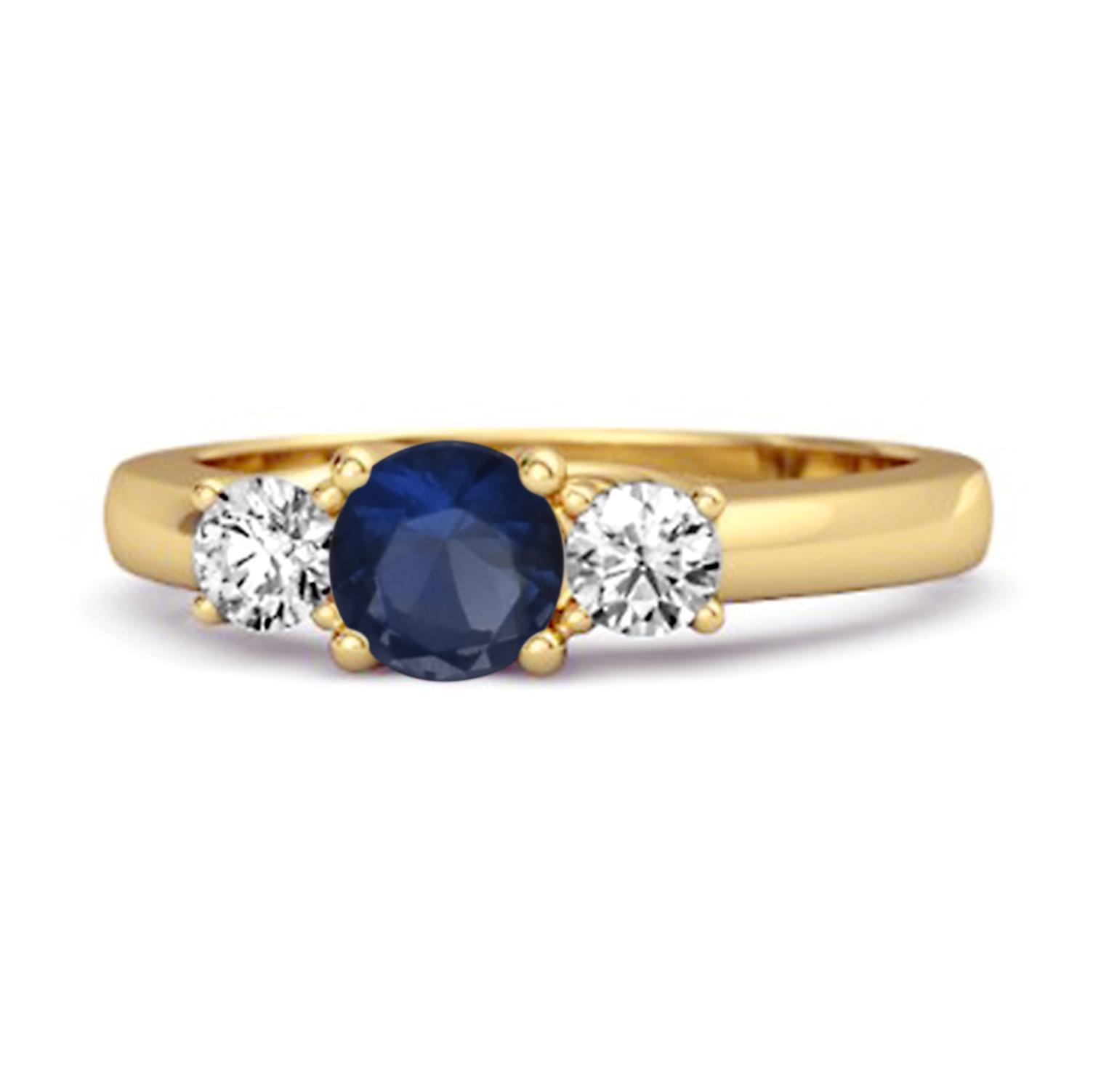 Blue Sapphire Round Three Stone Ring - 925 Sterling Silver Gold Vermeil 6