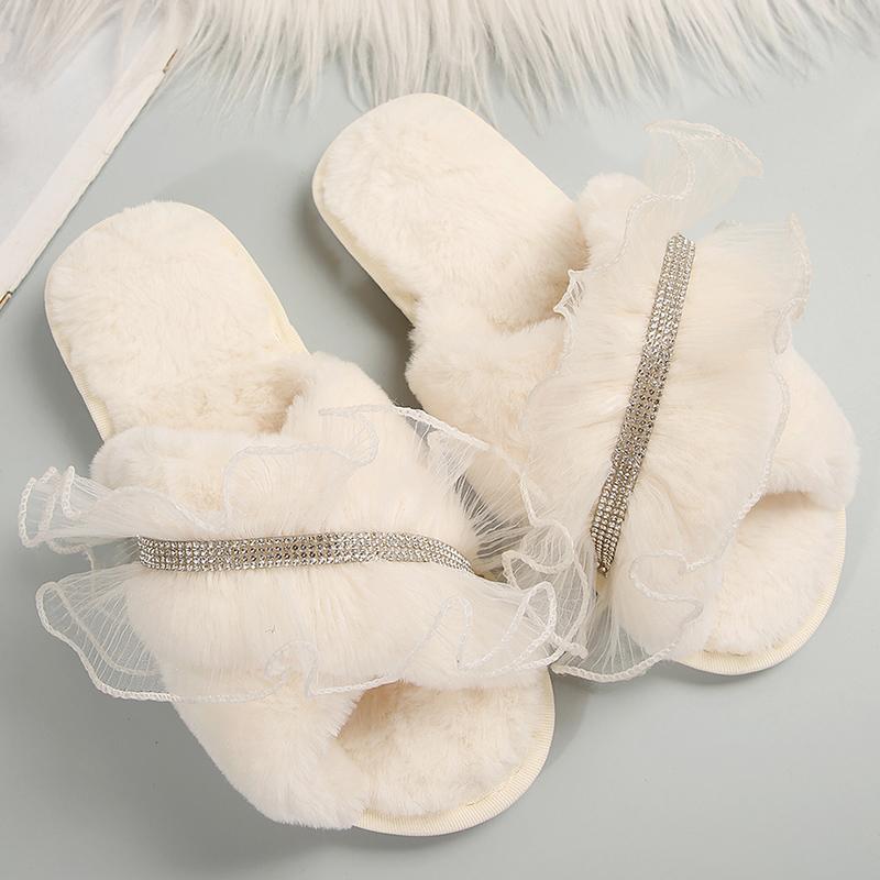 Fashion Mesh Faux Fur Cotton Slippers for Women All Match Crystal Detor Fur Slippers Woman Winter Cross Strap Indoor Cotton Slides Lady
