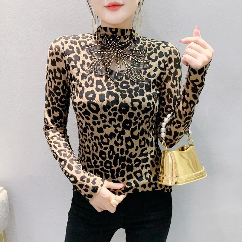 2024 European High-Neck Long-Sleeve Leopard Print Mesh T-Shirt with Hand-Beading - Women's Slim-Fit Trend