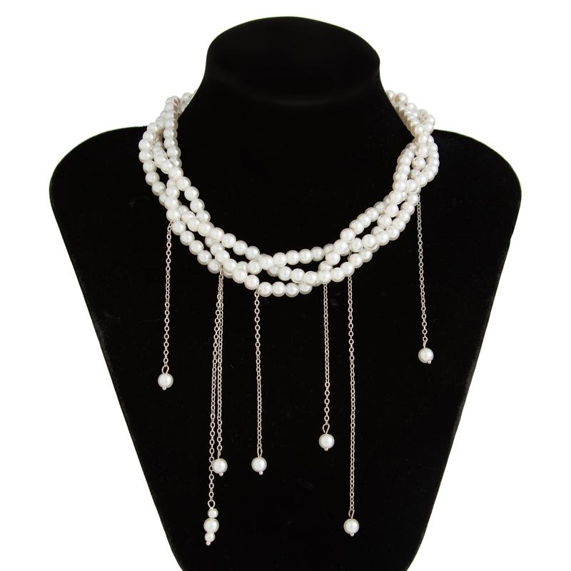 Kadınlar İçin Zarif Çok Katmanlı Sahte İnci Choker Kolye Vintage Yaratıcı Püsküllü Kolye Düğün Takıları