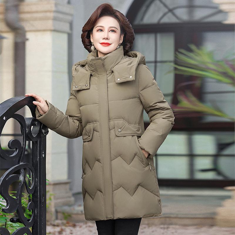 Jachetă de iarnă cu glugă, de lungime medie, cu puf de rață - Alb Călduț, Coată de iarnă pentru mame de vârstă mijlocie (2025)