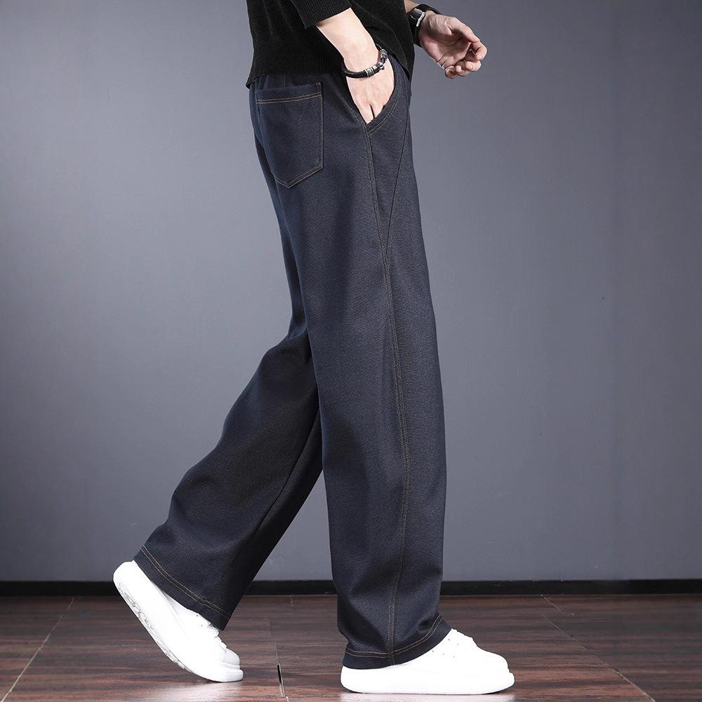 High-end knitted casual jeans men's autumn and winter loose straight wide-leg pants trendy brand loose scimitar pants