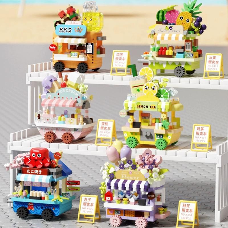 NEW DIY Selling Car Food Truck Fruit Ice Cream Store Flower Street View Building Blocks Kit Girls Bricks Model Kids Toy Children