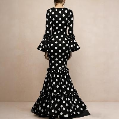 European and American Style New Polka Dot Horn Sleeve Fishtail Long Dress Retro Waist Dress
