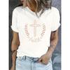 Casual Crew Neck Short Sleeve Tee with Cross and Laurel Design , Versatile for Spring Summer Fall, Casual Wear Tee | Round Neckline Top