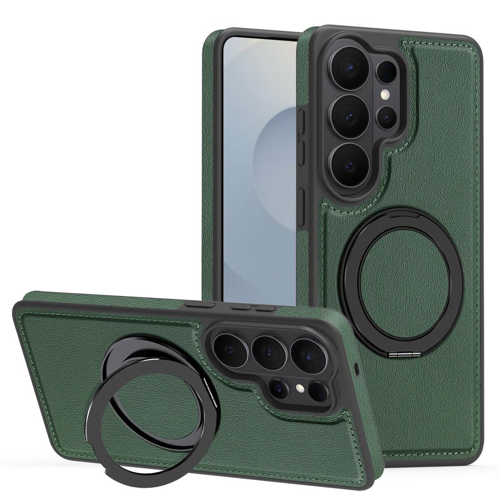 For Samsung Galaxy S26 Ultra Magnetic Case with Ring Kickstand PU Leather Back Cover