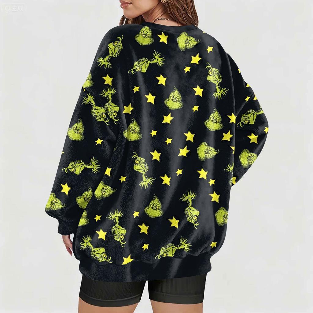 Damen Modischer V-Ausschnitt Weihnachten Bedruckt Langärmlig Lässiger Pullover Plüsch Warm Tasche Sweatshirt Oberteil